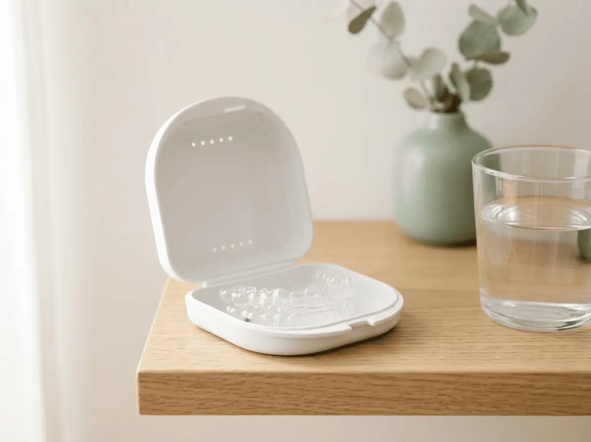 Paire d'aligneurs orthodontiques transparents posés dans leur étui ouvert près d'un verre d'eau — utilisation et entretien des aligneurs, cabinet dentaire à Lyon