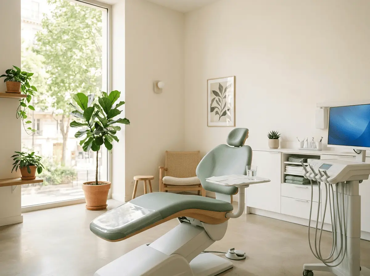Salle de soins moderne et lumineuse d'un cabinet dentaire, fauteuil épuré et grande fenêtre — cabinet dentaire à Lyon