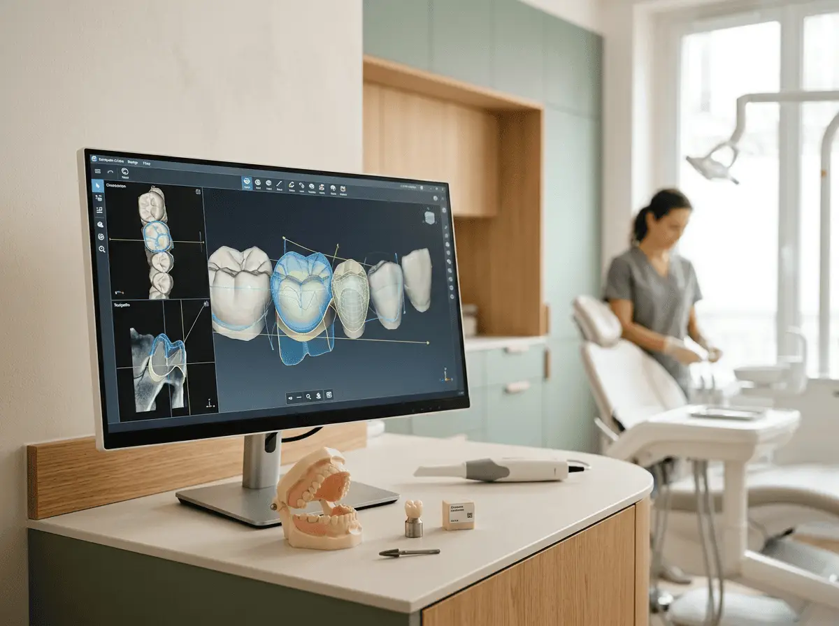 Écran affichant la conception 3D d'une couronne dentaire en CFAO, avec un modèle dentaire à proximité — prothèse dentaire, cabinet dentaire à Lyon