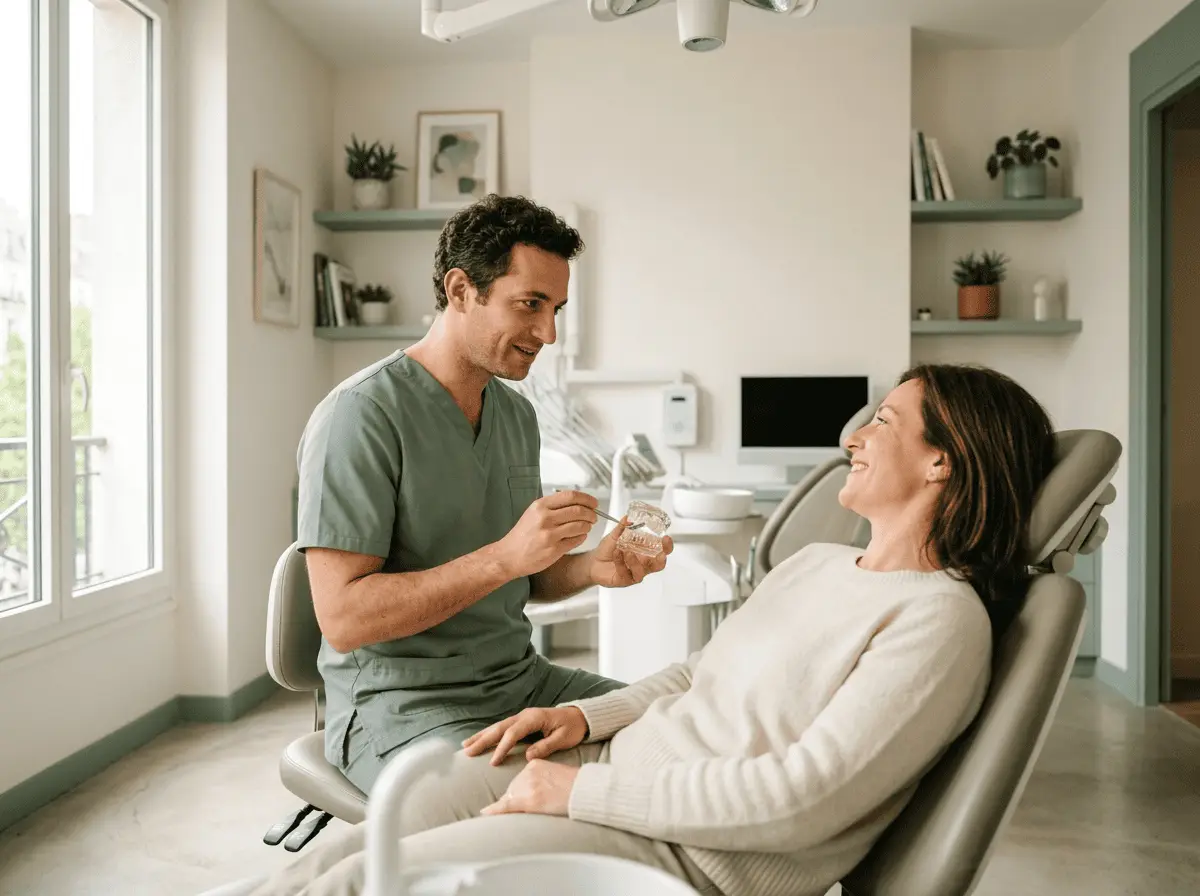 Chirurgien-dentiste échangeant avec un patient adulte détendu installé dans le fauteuil — omnipratique et soins courants, cabinet dentaire à Lyon