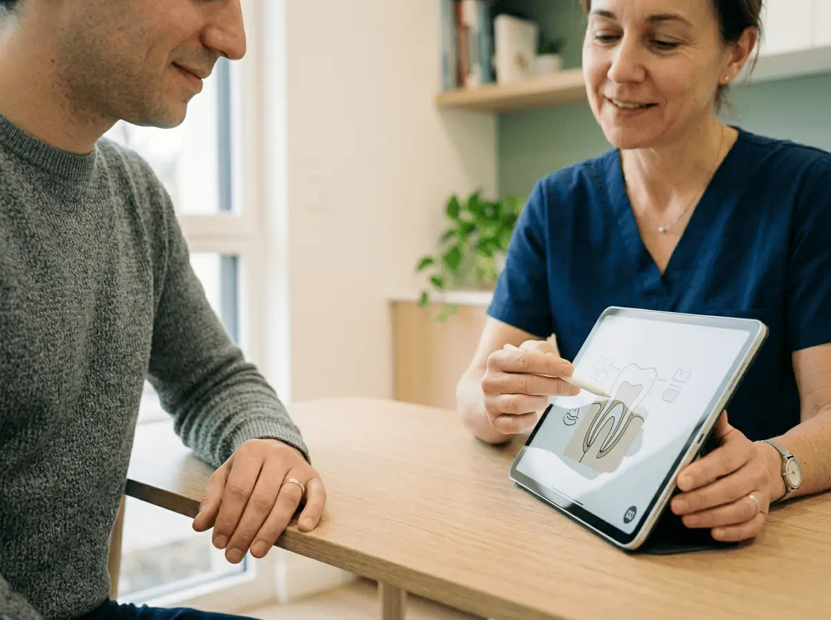 Chirurgien-dentiste expliquant une radiographie sur écran à un patient lors de la consultation préparatoire avant une chirurgie buccale au cabinet à Lyon