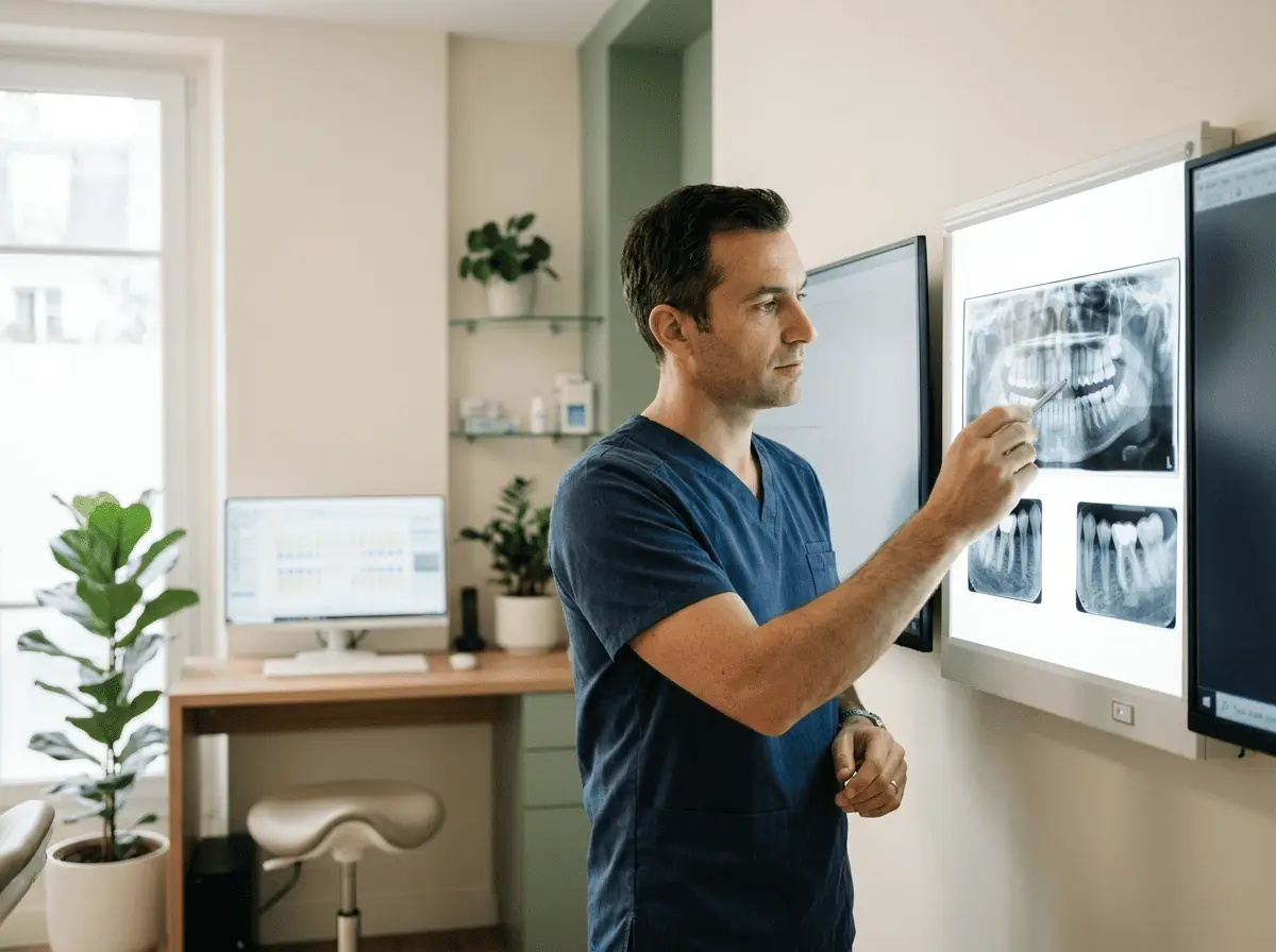 Chirurgien-dentiste analysant des radiographies dentaires sur un négatoscope lumineux — environnement de soins moderne, cabinet dentaire à Lyon