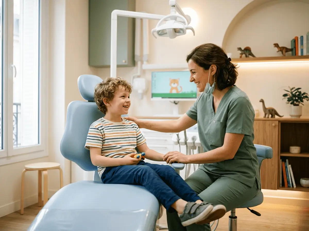 Enfant souriant et détendu dans le fauteuil aux côtés d'un chirurgien-dentiste bienveillant — odontologie pédiatrique, cabinet dentaire à Lyon