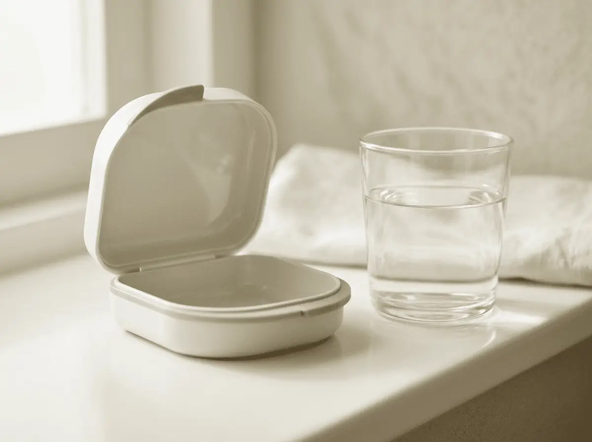 Boîte de rangement propre pour prothèse dentaire amovible et verre d'eau — entretien quotidien d'une prothèse amovible, cabinet dentaire à Lyon