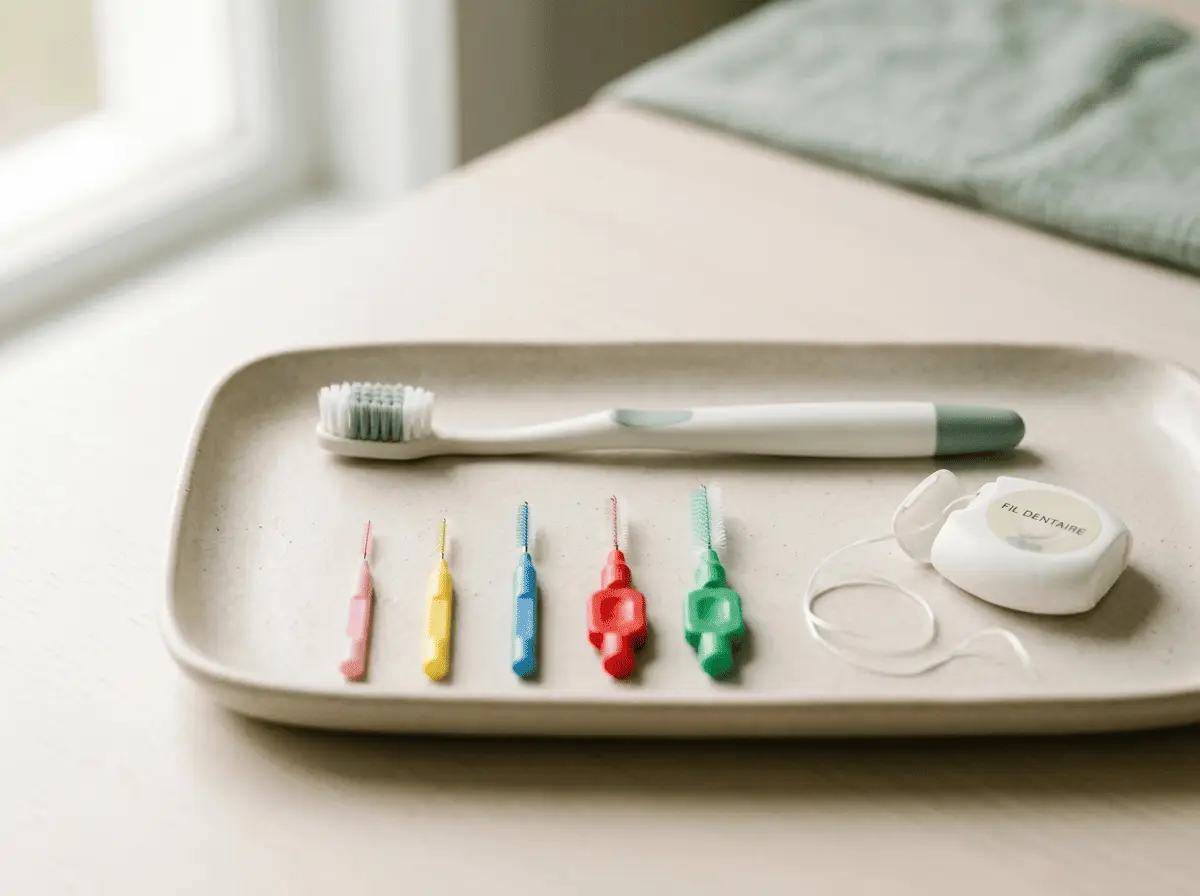 Brosse à dents souple, brossettes interdentaires et fil dentaire — entretien quotidien d'une prothèse dentaire fixe (couronne, bridge) au cabinet à Lyon