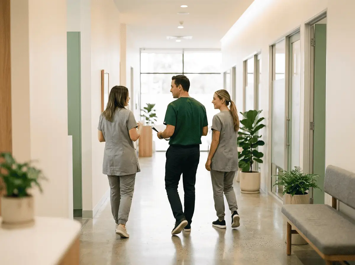 Équipe d'un cabinet dentaire — chirurgiens-dentistes et assistantes dans un couloir lumineux — cabinet dentaire à Lyon