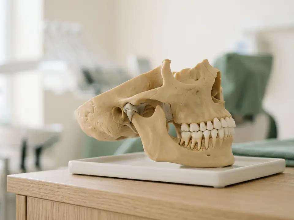 Chirurgien-dentiste examinant en douceur l'articulation de la mâchoire d'un patient détendu — prise en charge des dysfonctions orofaciales, cabinet dentaire à Lyon