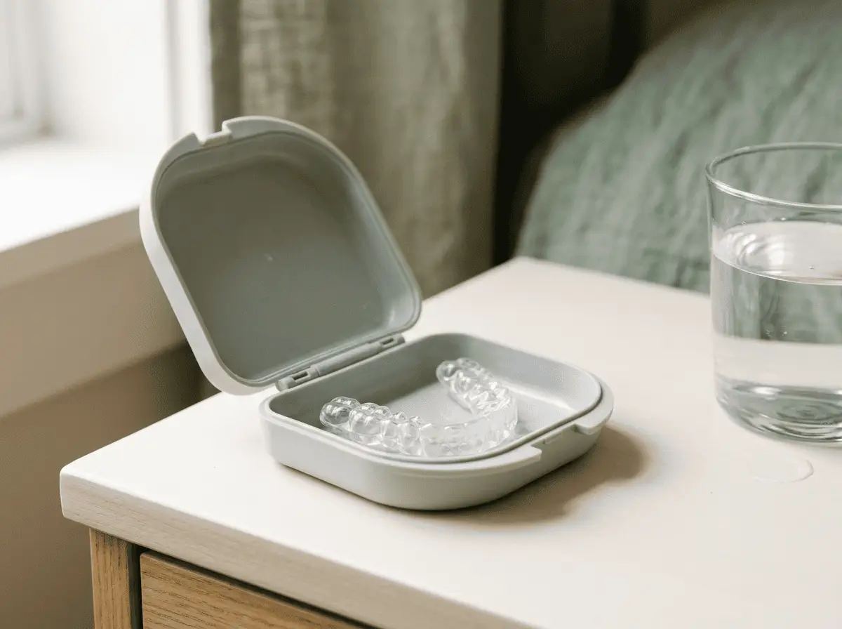 Gouttière occlusale transparente posée dans son étui ouvert près d'un verre d'eau — utilisation et entretien d'une gouttière occlusale, cabinet dentaire à Lyon
