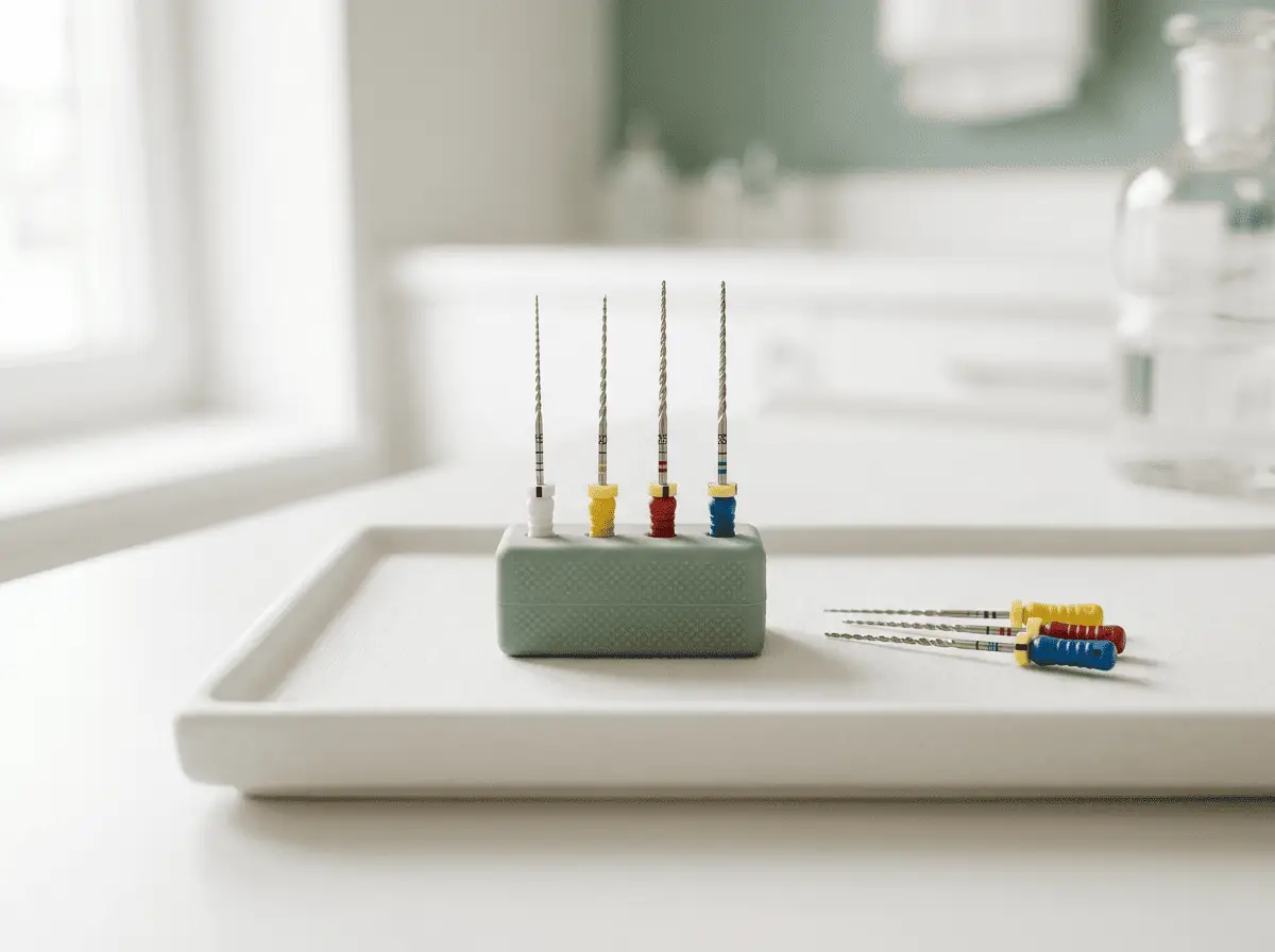 Plateau dentaire propre présentant de fins instruments d'endodontie (limes) bien rangés — traitement de racine, cabinet dentaire à Lyon