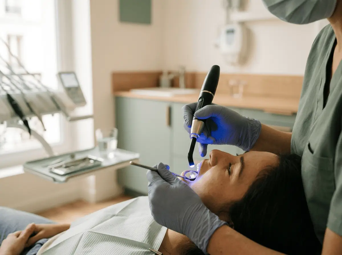 Chirurgien-dentiste utilisant une lampe à photopolymériser LED lors d'un soin au composite — odontologie conservatrice, cabinet dentaire à Lyon