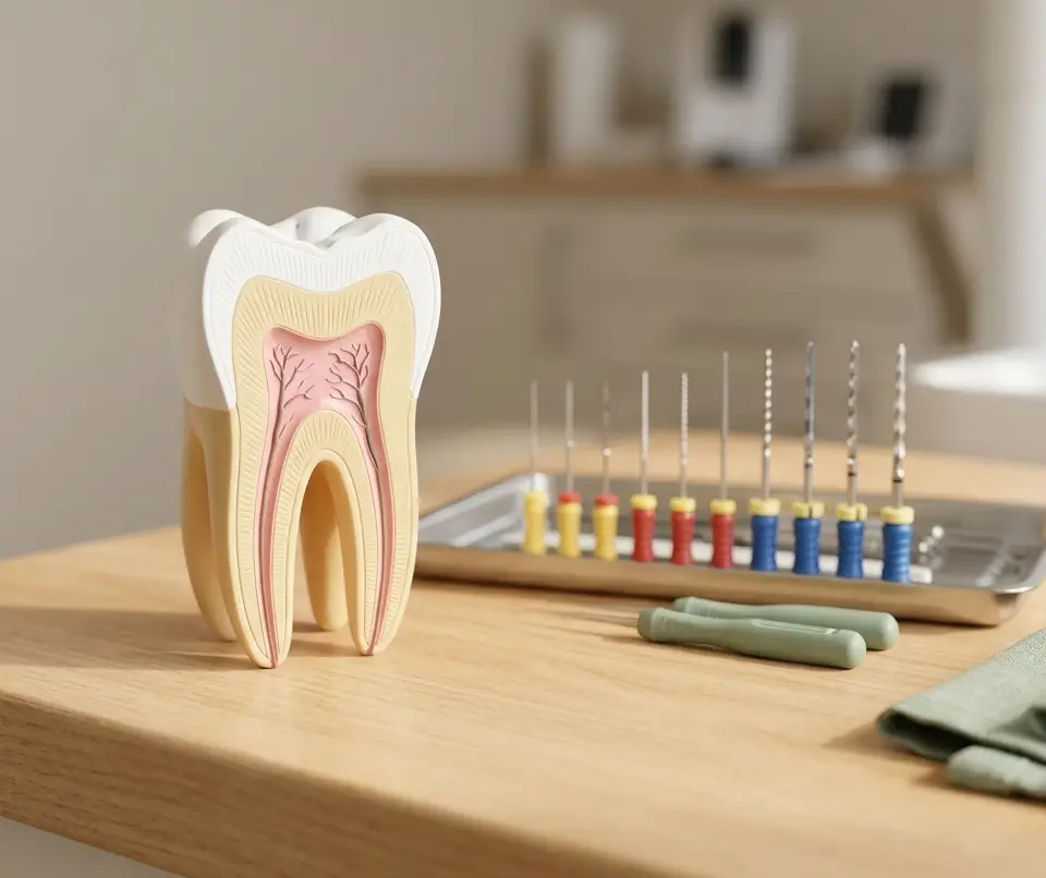 Modèle anatomique de dent en coupe montrant la racine et le canal radiculaire — conseils après un traitement endodontique au cabinet dentaire à Lyon
