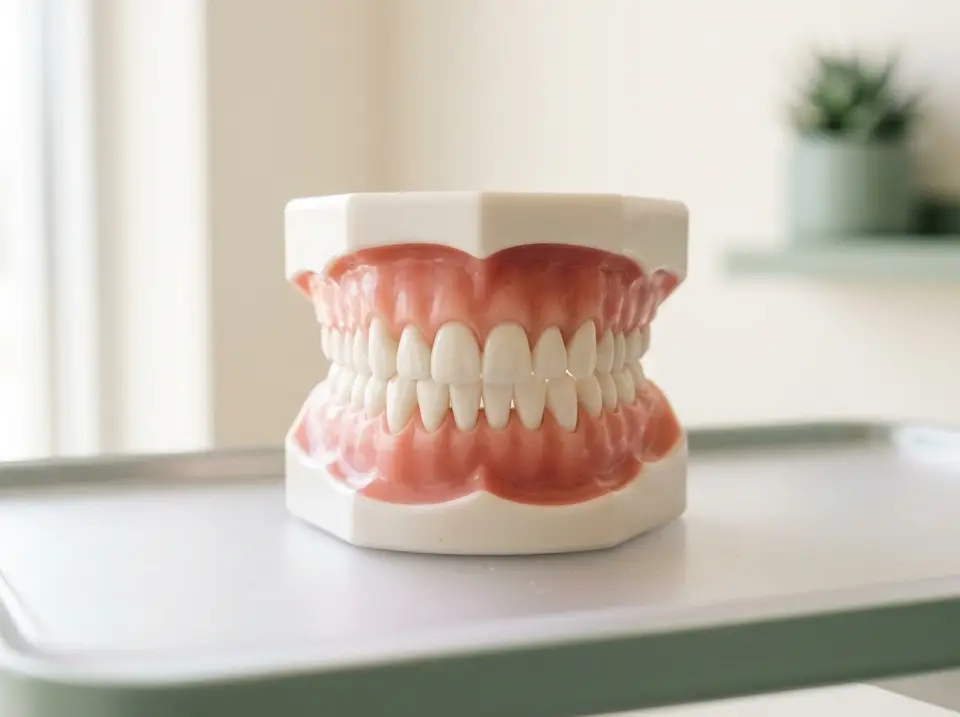 Modèle dentaire propre montrant des dents et des gencives saines posé sur une tablette claire — parodontologie, cabinet dentaire à Lyon