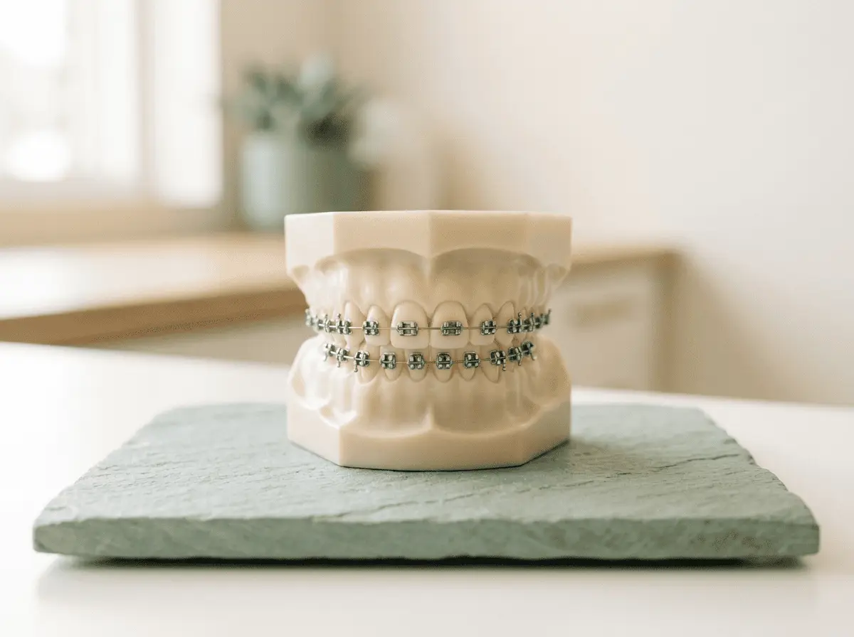 Modèle dentaire équipé d'un appareil orthodontique (bagues et arc) posé sur une tablette claire — orthodontie, cabinet dentaire à Lyon