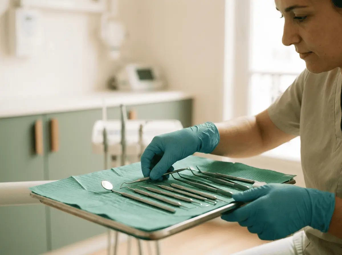 Mains gantées préparant un plateau d'instruments dentaires stériles sous champ propre — odontologie chirurgicale, cabinet dentaire à Lyon